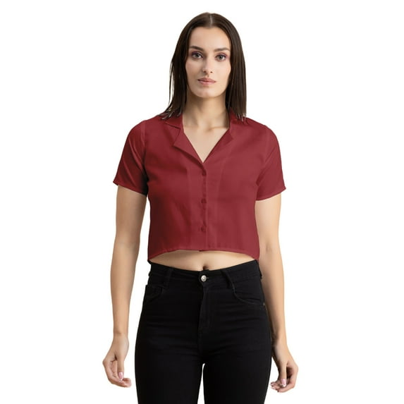 Moomaya Womens Solid Crop Shirt, Short Sleeves, Buttoned Shot Top