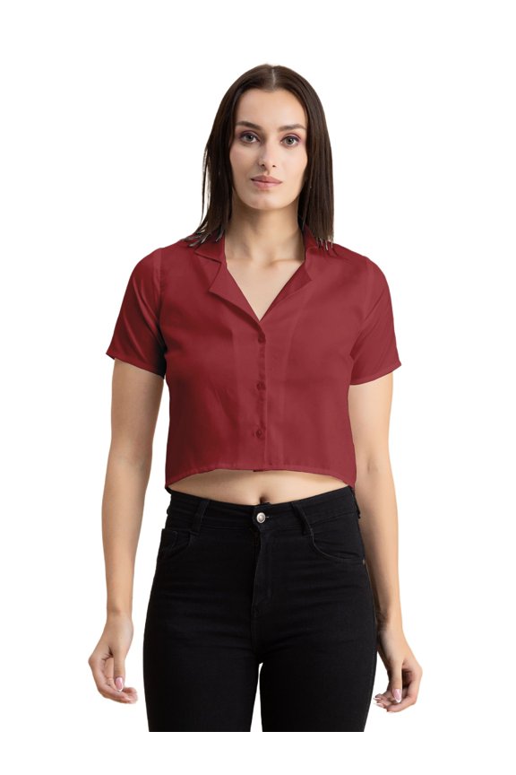 Womens Solid Crop Shirt, Short Sleeves, Buttoned Shot Top