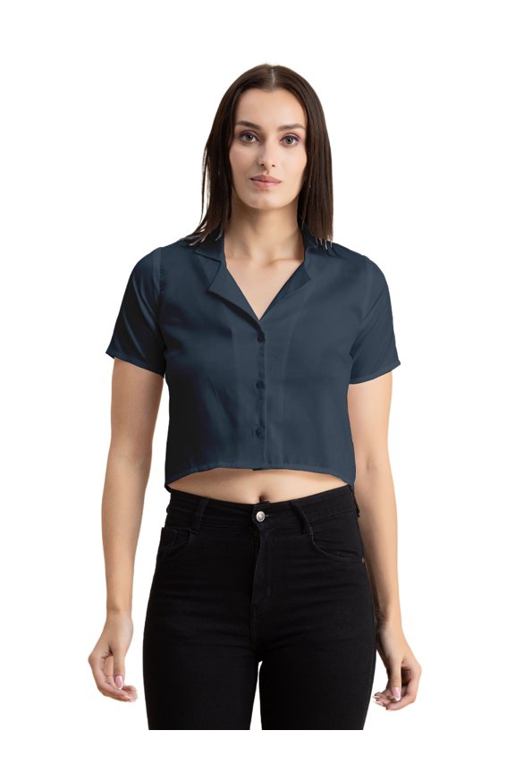Womens Solid Crop Shirt, Short Sleeves, Buttoned Shot Top