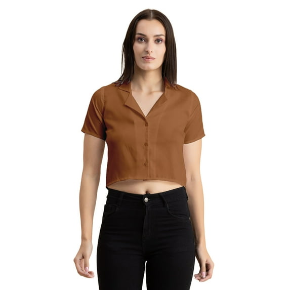 Moomaya Womens Solid Crop Shirt, Short Sleeves, Buttoned Shot Top
