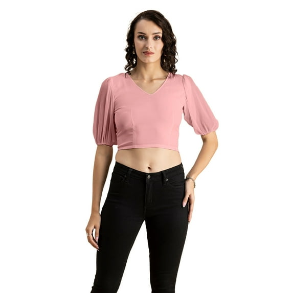 Moomaya Womens Solid Crop Top, V Neck Puff Sleeves Casual Summer Blouse