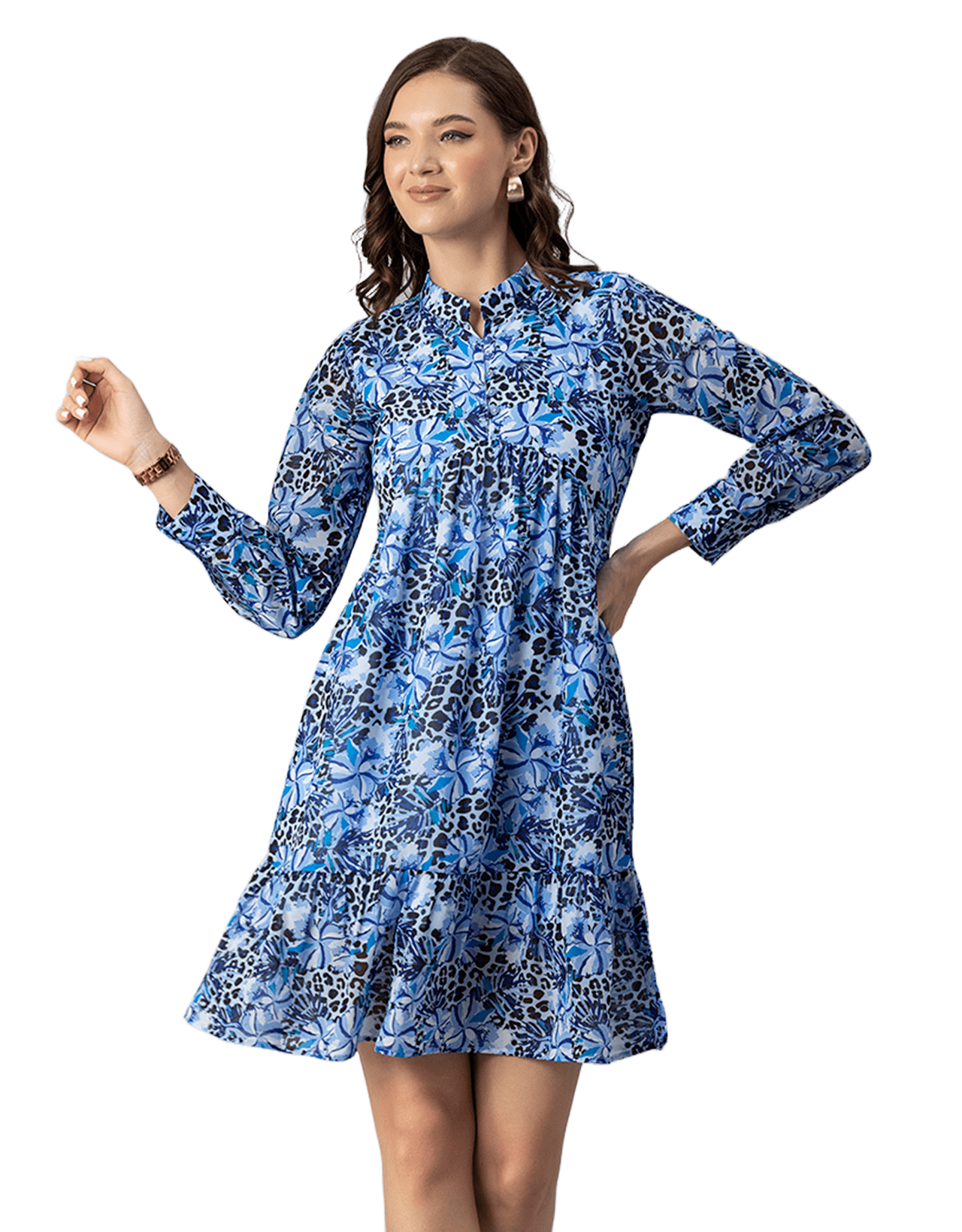 knee length dresses for ladies Mandarin Collar & Sleeve with Binding Bottom Ruffle Dress – EvaVarro