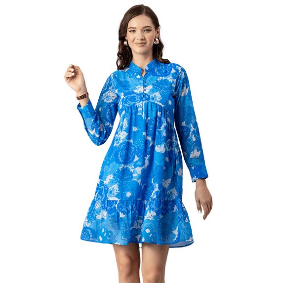 Moomaya Womens Solid Cuffed Sleeves Dress, Mandarin Collar Mini Dress