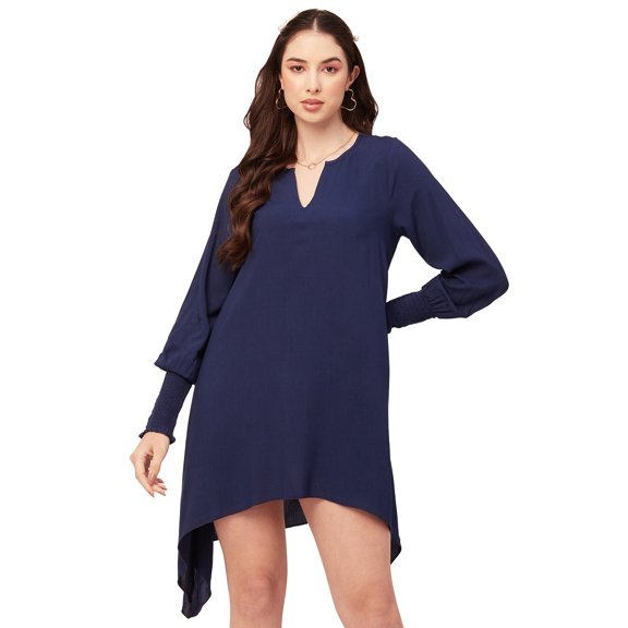 Moomaya Womens Solid Flared Dress Viscose Rayon Smocked Sleeves V Neck Summer Dress