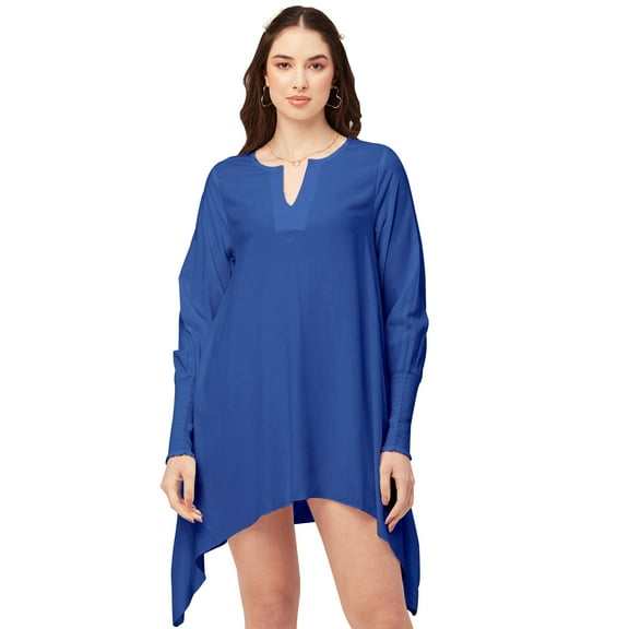 Moomaya Womens Solid Flared Dress Viscose Rayon Smocked Sleeves V Neck Summer Dress