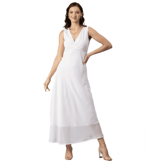 Moomaya Womens Solid Sleeveless Maxi Dress, V-Neck Party wear, Flared Resort Dress