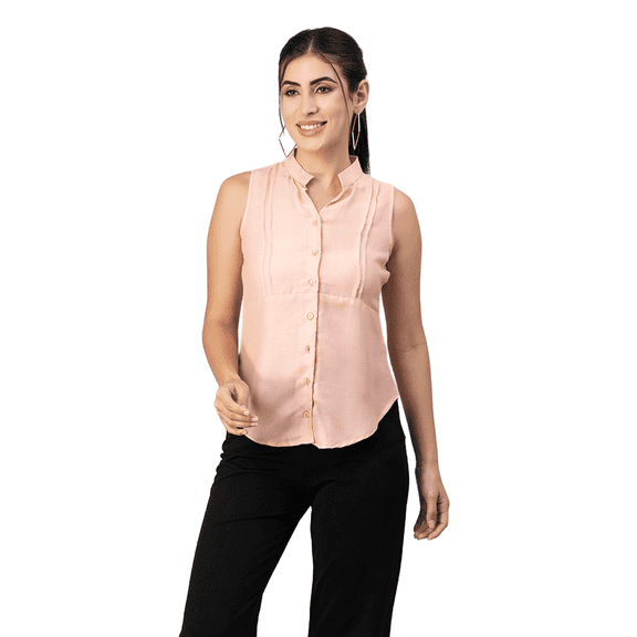 Moomaya Womens Solid Sleeveless Top, Mandarin Collar Shirt Top