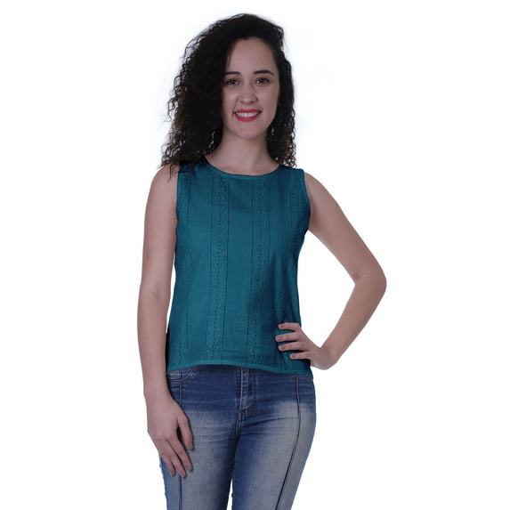 Moomaya Womens Solid Sleeveless Top Schiffli Blouse Summer Casual Tunic Tops