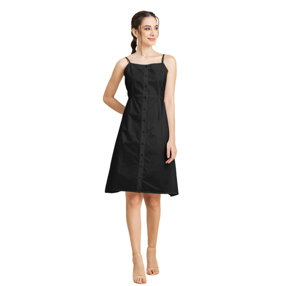 Moomaya Womens Solid Strap Shoulders Dress, Round Neck A-Line Dress