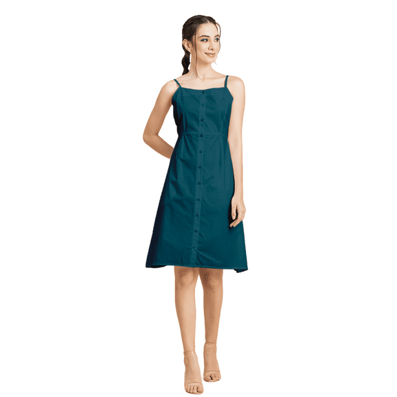 Moomaya Womens Solid Strap Shoulders Dress, Round Neck A-Line Dress