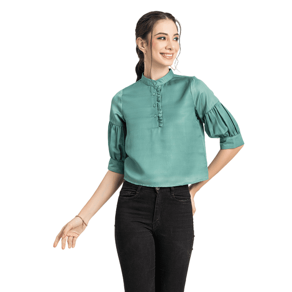 Moomaya Womens Solid Top, Quarter Sleeves Formal Top Ruffled Button Placket
