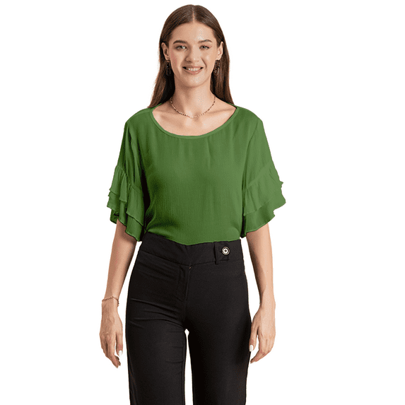 Moomaya Womens Solid Top, Round Neck Ruffled Bell Sleeves Casual Summer Top