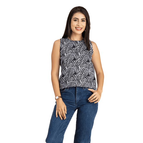 Moomaya Womens Split Back Tank Top, Sleeveless Round Neck Printed Top