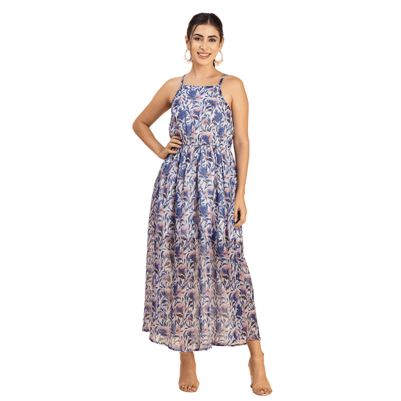 Moomaya Womens Strappy Midi Dress, Printed Chiffon, Elastic Waist Dress