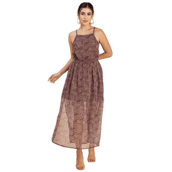 Moomaya Womens Strappy Midi Dress, Printed Chiffon, Elastic Waist Dress