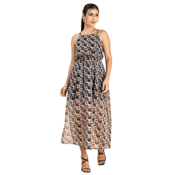 Moomaya Womens Strappy Midi Dress, Printed Chiffon, Elastic Waist Dress