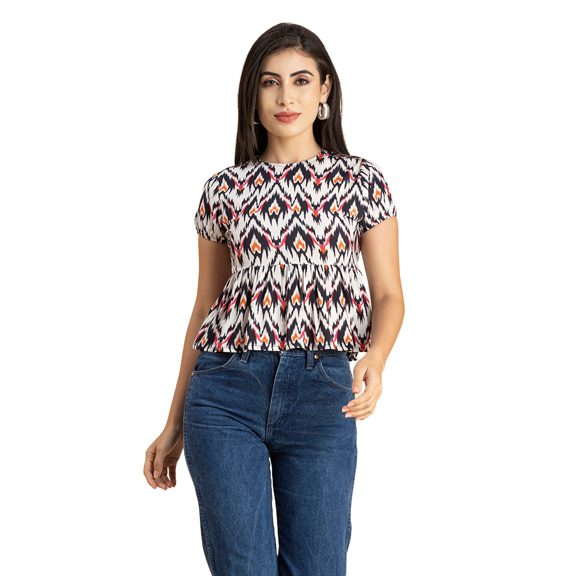 Moomaya Womens Styled Back Peplum Top, Printed Round Neck Vacation Crop Top