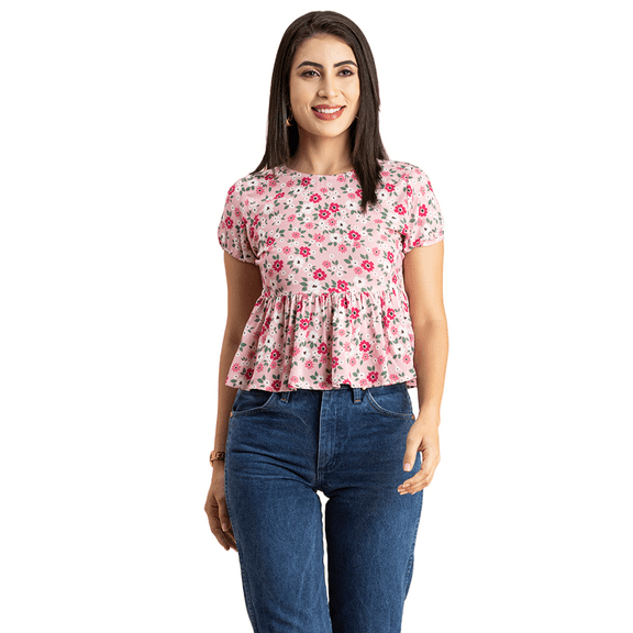 Moomaya Womens Styled Back Peplum Top, Printed Round Neck Vacation Crop Top