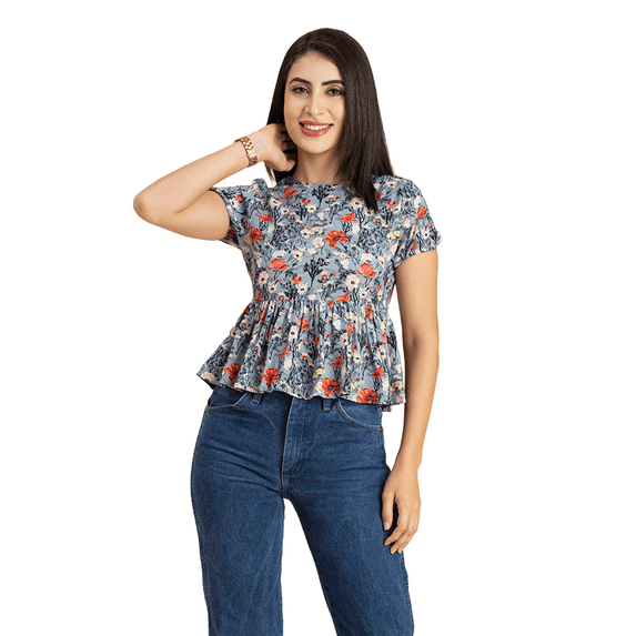 Moomaya Womens Styled Back Peplum Top, Printed Round Neck Vacation Crop Top