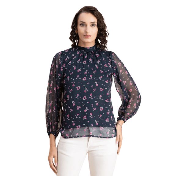 Moomaya Womens Turtle Neck Top, Long Sleeves, Formal Wear Chiffon Top