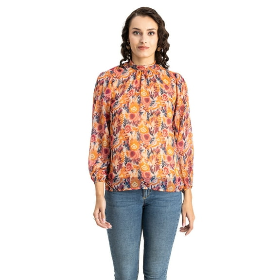 Moomaya Womens Turtle Neck Top, Long Sleeves, Formal Wear Chiffon Top