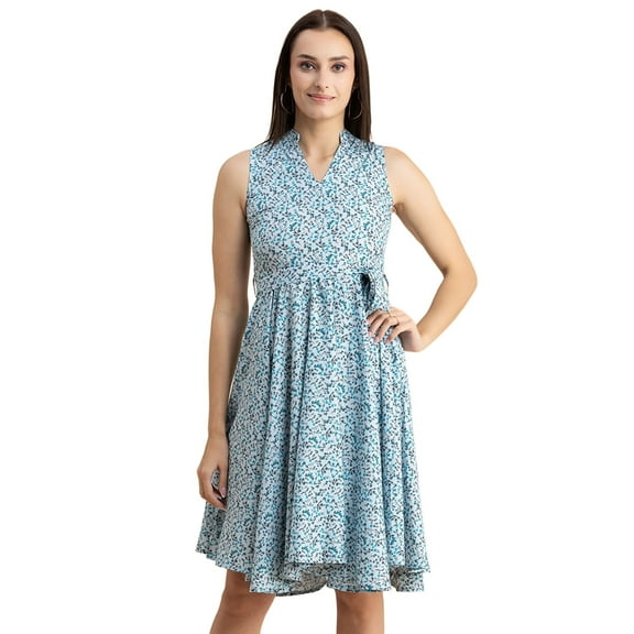 Moomaya Womens V Neck Printed Dress, Sleeveless Knee Length Smocked Dress