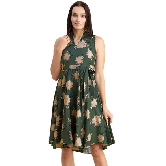 Moomaya Womens V Neck Printed Dress, Sleeveless Knee Length Smocked Dress