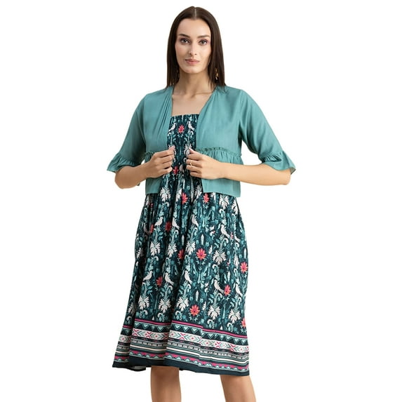 Moomaya Womens Viscose Rayon Co-Ord Set, Printed Dress With Shrug