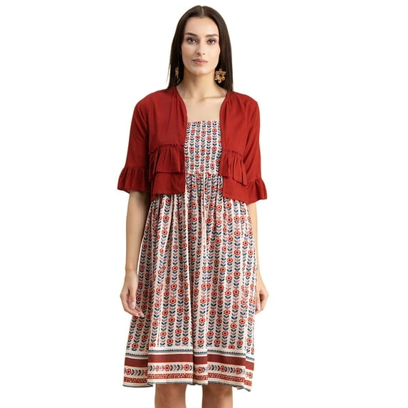 Moomaya Womens Viscose Rayon Co-Ord Set, Printed Dress With Shrug