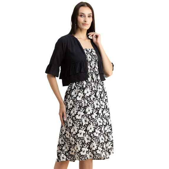 Moomaya Womens Viscose Rayon Co-Ord Set, Printed Dress With Shrug