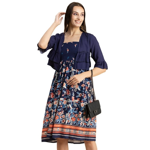 Moomaya Womens Viscose Rayon Co-Ord Set, Printed Dress With Shrug