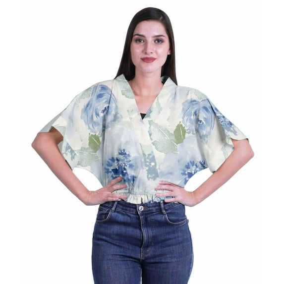 Moomaya Womens Wrap Top Printed V-Neck Short Wrap Blouse Casual Clothing