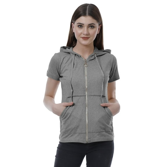 Moomaya Womens Zip Up Hoodie Short Sleeves Top Pockets Casual Hoodies