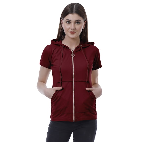 Moomaya Womens Zip Up Hoodie Short Sleeves Top Pockets Casual Hoodies