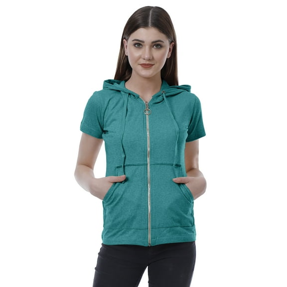 Moomaya Womens Zip Up Hoodie Short Sleeves Top Pockets Casual Hoodies
