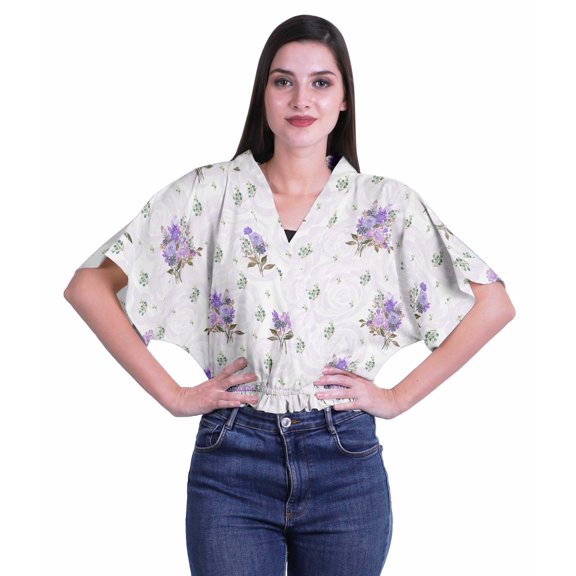 Moomaya Wrap Tops For Women Printed Elastic Waist Boxy Sleeve Casual Wrap Blouse