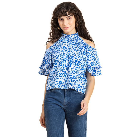 MoomayaWomens PrintedCold Shoulder Top,Ruffled Sleeves Casual Crop Top