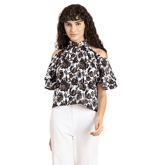 MoomayaWomens PrintedCold Shoulder Top,Ruffled Sleeves Casual Crop Top