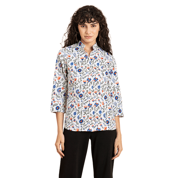 MoomayaWomens PrintedCotton Shirt Top, Mandarin Collar Button Down Elbow Sleeves Top