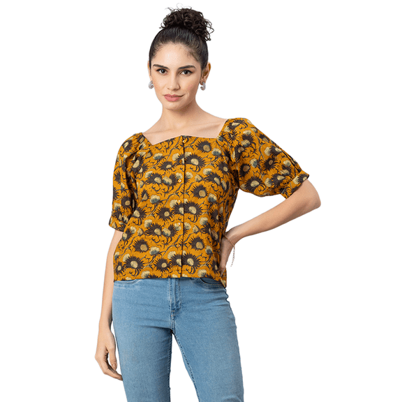 MoomayaWomens PrintedCotton Shirt Top, Square NeckPuffedSleeves Summer Short Top