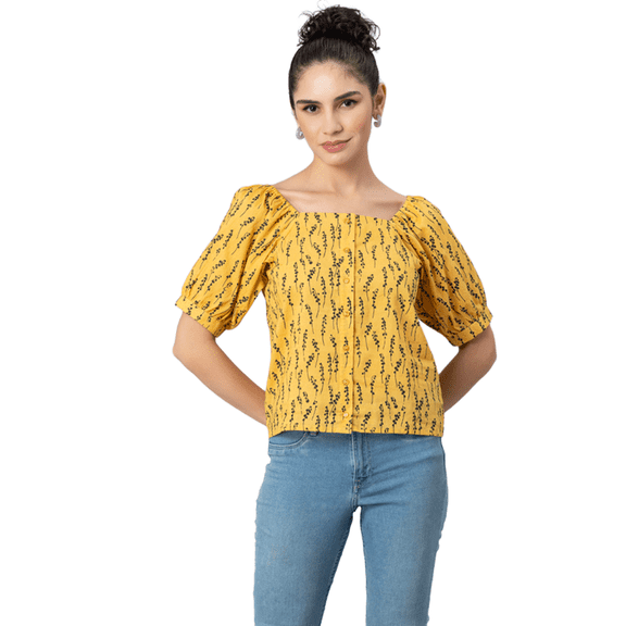 MoomayaWomens PrintedCotton Shirt Top, Square NeckPuffedSleeves Summer Short Top