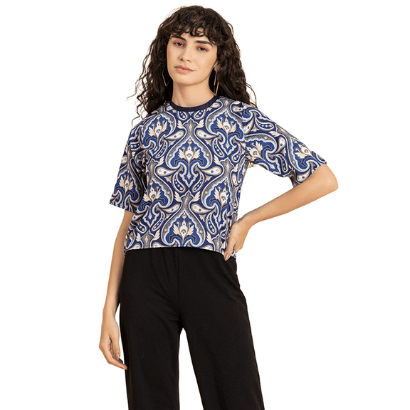 MoomayaWomens PrintedLoose-Fit Top,ElbowSleeves Round Neck Lounge Wear Top