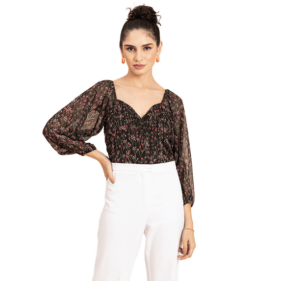 MoomayaWomens PrintedRuched Top,Sweetheart Neckline, Long Sleeves Crop Top