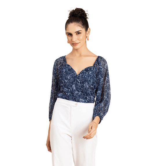 MoomayaWomens PrintedRuched Top,Sweetheart Neckline, Long Sleeves Crop Top