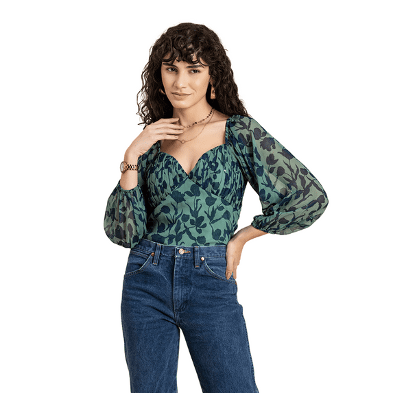 MoomayaWomens PrintedRuched Top,Sweetheart Neckline, Long Sleeves Crop Top