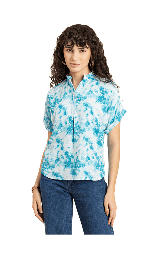 Womens PrintedShort Sleeves Top,Mandarin Collar Everyday Viscose Top