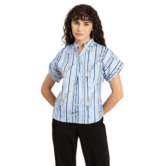 MoomayaWomens PrintedShort Sleeves Top,Mandarin Collar Everyday Viscose Top