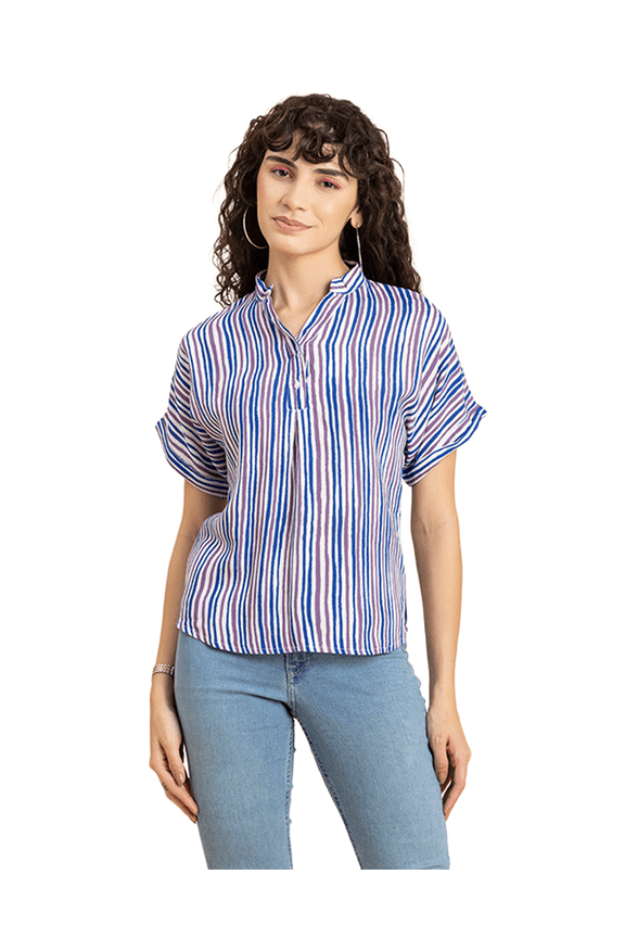 Womens PrintedShort Sleeves Top,Mandarin Collar Everyday Viscose Top