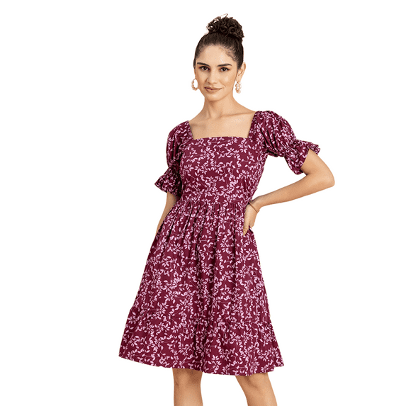 MoomayaWomens PrintedSquare Neck Summer Dress,Short PuffedSleeves Tiered Cotton Dress