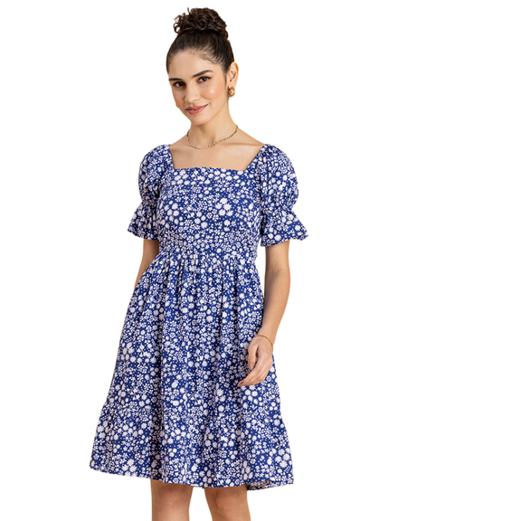 MoomayaWomens PrintedSquare Neck Summer Dress,Short PuffedSleeves Tiered Cotton Dress